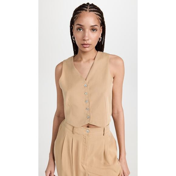 NWT Donni. Twill Crop Vest in Sand Beige Tan V Neck Medium Neutral Minimal - Picture 3 of 9